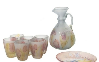 (Lot of 8) Israeli marbleized frosted glass cordial set