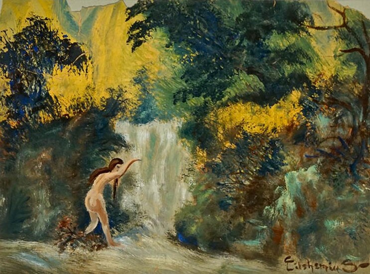Louis Michel Eilshemius (American 1864-1941), Nude by a Waterfall and Study of Yosemite: Two Works, Each on Paper, Larger: 8 x 11 in