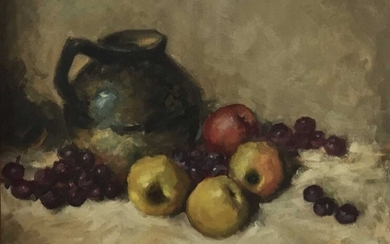 M. J. Reed, Canadian School, 20th century, oil on board - still life of fruit and a jug, signed, framed