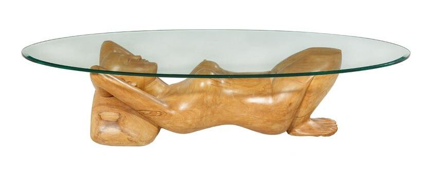 Mango Wood and Glass Figural Coffee Table