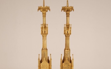 Marked L.F. Paris, possibly Louis Figaret Paris - Candlestick, In Architectural Church form (2) - Gothic Style - Bronze (gilt) - Mid 19th century