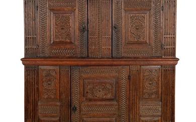 (-), Solid oak Renaissance 2-part cabinet standing on...