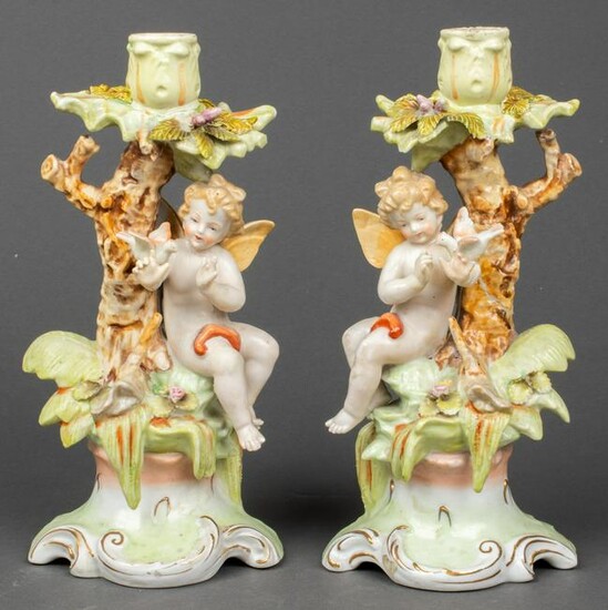 Meissen Style Painted Figural Candlesticks, Pair
