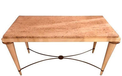 Mid-Century Modern Coffee Table Inset Travertine Marble-Top and Brass Stretcher