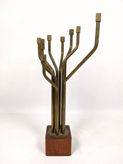 Modernist Brass and Wood Menorah. Artist Signed and dat