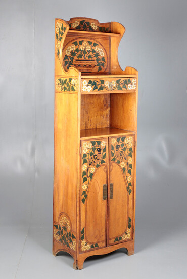 Modernist shelf with cabinet in pyrograph, inked and painted wood, early 20th Century.