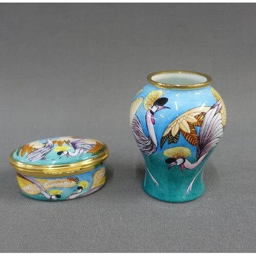 Moorcroft enamel baluster vase and pill box, in grebe patte...