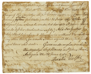 NELSON, Horatio, Viscount (1758-1805). Document signed ('Horatio Nelson'), Boreas, St John's Road, Antigua, 21 June 1786.
