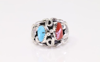 Native American Navajo Sterling Silver Turquoise & Coral Ring By Max C.