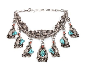 Navajo Silver, Turquoise and Coral Choker Necklace