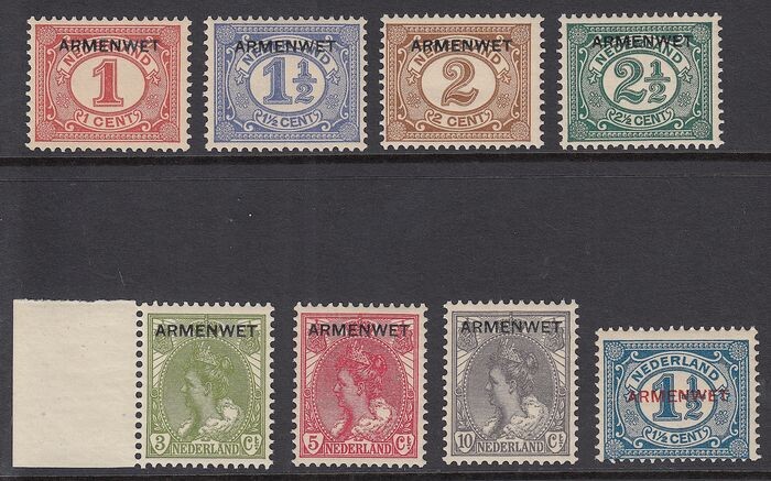 Netherlands 1913 - Official stamps with the overprint ‘Armenwet’ - NVPH D1/D8