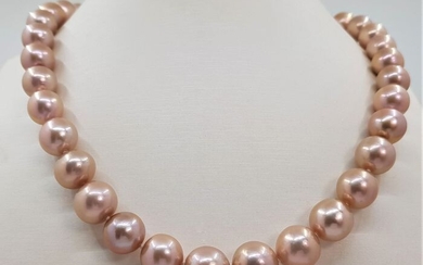 No Reserve Price - 11x13mm Round Pink Edison - 925 Freshwater pearls, Silver - Necklace
