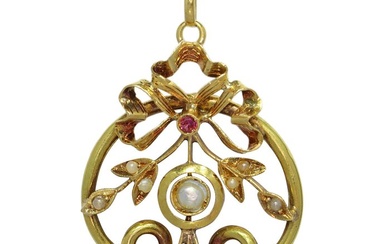 No Reserve Price - Vintage antique anno 1900 - Pendant - 18 kt. Yellow gold Ruby - Pearl
