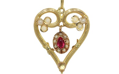 No Reserve Price - Vintage antique anno 1900, Red and White Strass, Pearl - Pendant - 18 kt. Rose gold, Yellow gold
