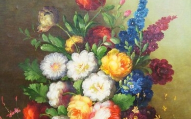 Northern European School, mid/late-20th century- Floral still lives; oils on canvas, two, ea. 91.5 x 61 cm (2)