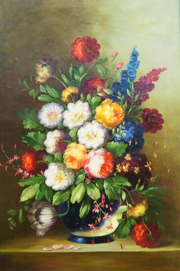 Northern European School, mid/late-20th century- Floral still lives; oils on canvas, two, ea. 91.5 x 61 cm (2)