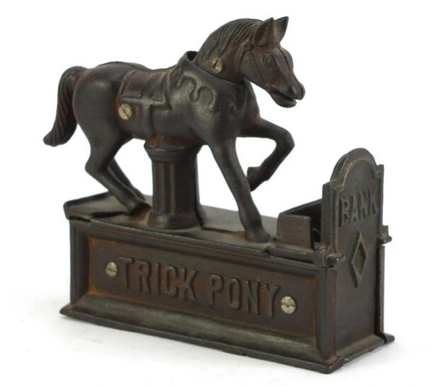 Novelty Trick Pony cast iron money bank, 16.5cm wide