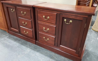 Opposing Pair of Mahogany Effect Cabinets, with three drawers and panelled door (H:75 x W:85 x D:41cm)