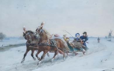 Otto Eerelman (1839-1926), Couple riding a horse-drawn sleigh, watercolour, 26...