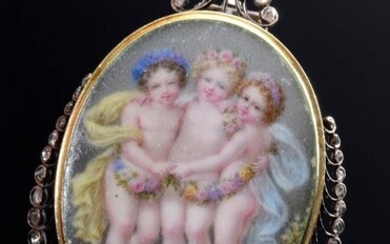 Oval memoir pin with flawless enamel painting "Three flower elves" in sawn diamond-set RG 750 setting, hair curl in glazed compartment on verso, 19th c., 17.6g, 4.2x2.8cm