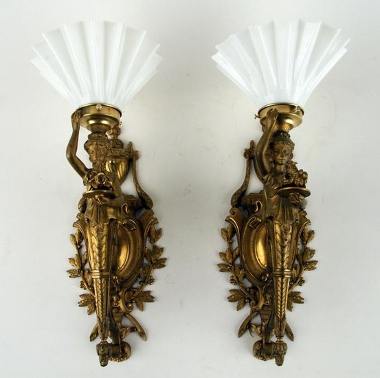 PAIR FIGURAL WALL SCONCES FLUTED MILK GLASS SHADE