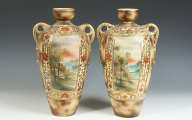 PAIR JAPANESE ART DECO INFLUENCED CERAMIC TWO-HANDLED VASES PAINTED WITH...