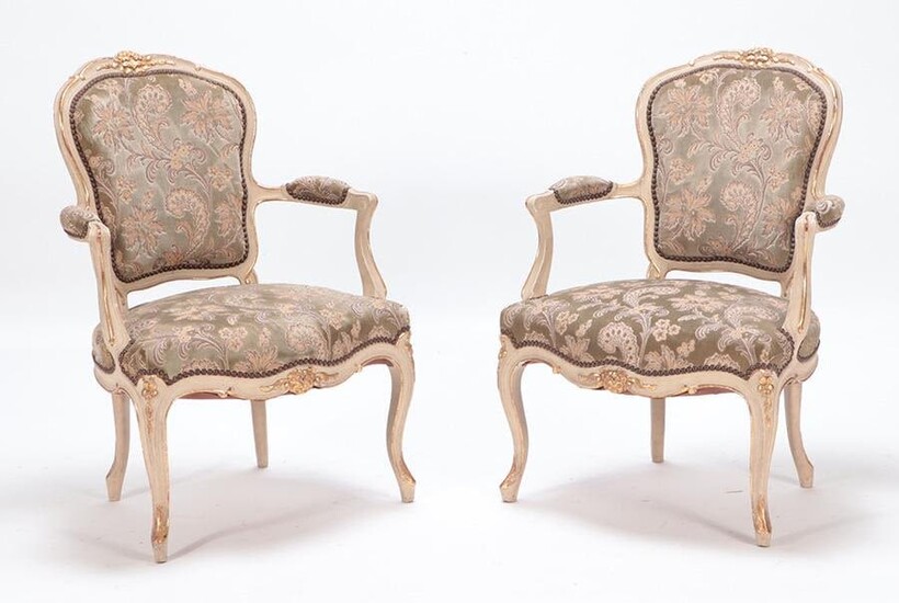 PAIR LOUIS XV STYLE GILT PAINTED OPEN ARM CHAIRS