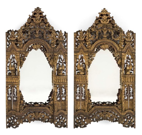 PAIR OF CHINESE RED LACQUERED AND GILT CARVED WALL MIRRORS Heights 28". Widths 14". Depths 4.5".
