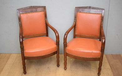 PAIR OF DIRECTOIRE PERIOD MAHOGANY FAUTEUILS, ATTRIBUTED TO GEORGES JACOBE, C.1795 - 1810 (A/F - BREAK TO ARMS) (H93 X W60 X D59 CM...