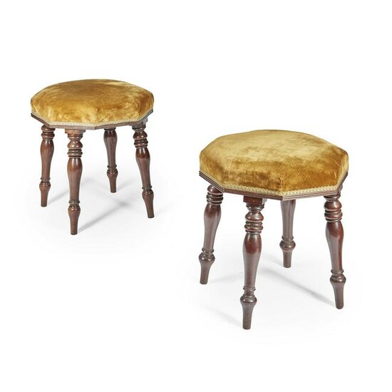 PAIR OF LATE REGENCY MAHOGANY AND UPHOLSTERED STOOLS