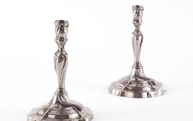 PAIR SILVER CANDLESTICKS WITH FABRIC DRAPERY