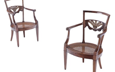 PAIR WALNUT DIRECTOIRE CARVED AND GILT OPEN ARM CHAIRS WITH...