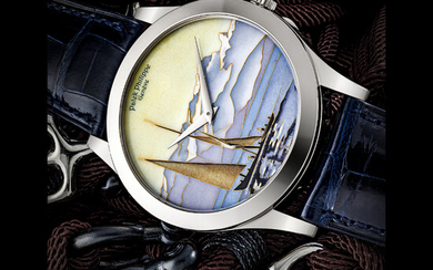 PATEK PHILIPPE. A VERY RARE 18K WHITE GOLD LIMITED EDITION AUTOMATIC WRISTWATCH WITH CLOISONNÉ ENAMEL DIAL BY ANITA PORCHET DEPICTING A LATEEN SAIL ON GENEVA LAKE, MADE TO COMMEMORATE THE 175TH ANNIVERSARY OF PATEK PHILIPPE REF. 5089G-037, CIRCA 2015
