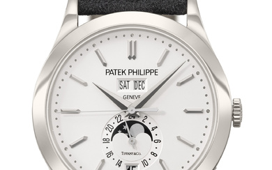 PATEK PHILIPPE. A VERY RARE AND ATTRACTIVE 18K WHITE GOLD...