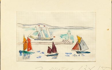 PAUL SIGNAC(1863 Paris 1935)Voiliers. Vers 1924.Crayon de couleur et aquarelle sur papier.En bas à droite,...