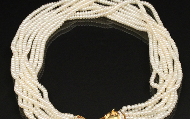 PEARL NECKLACE W/14K PANTHER HEAD DIA., RUBY & SAPPHIRE CLASP
