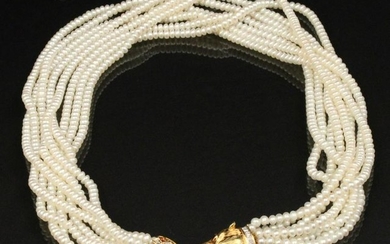 PEARL NECKLACE W/14K PANTHER HEAD DIA., RUBY & SAPPHIRE