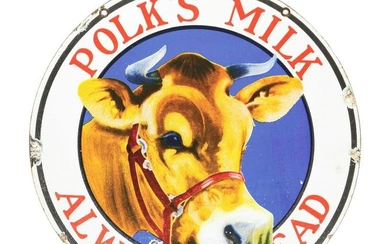 POLK'S MILK PORCELAIN SIGN W/ COW GRAPHIC.