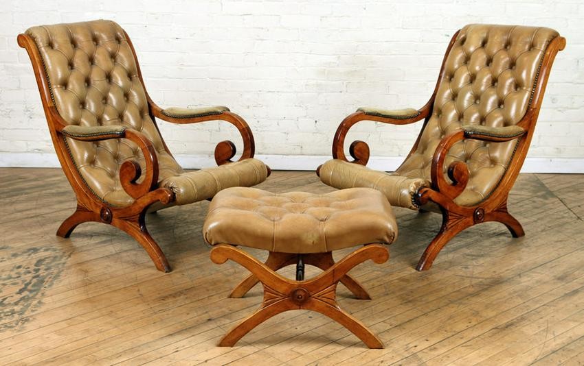 PR MAHOGANY CAMPAIGN STYLE LOUNGE CHAIRS & STOOL