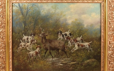 Painting bears signature H Schouten ca 1900 deer
