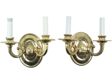 Pair Brass Electric Double Light Wall Sconces, Lacquered Finish, 9 in. x 9 in. x 4 in.