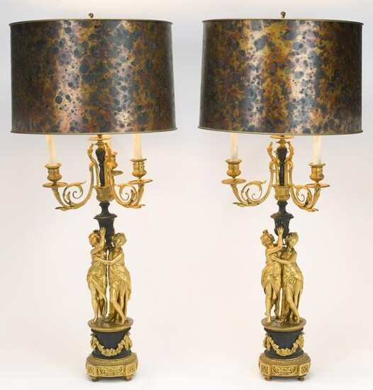 Pair Bronze Dore Figural Candelabra Mounted Lamps