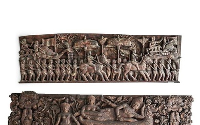 Pair Of 18th Century Cambodian Carved Wood Ramayana Friezes