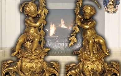 Pair Of 19th C. Gilt Bronze French Figural Fireplace Chenets