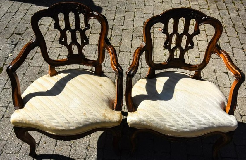 Pair Queen Anne Style Upholstered Arm Chairs