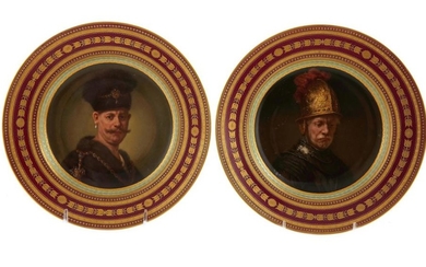 Pair Vienna Rembrandt portrait porcelain shallow bowls/plates (2pcs)