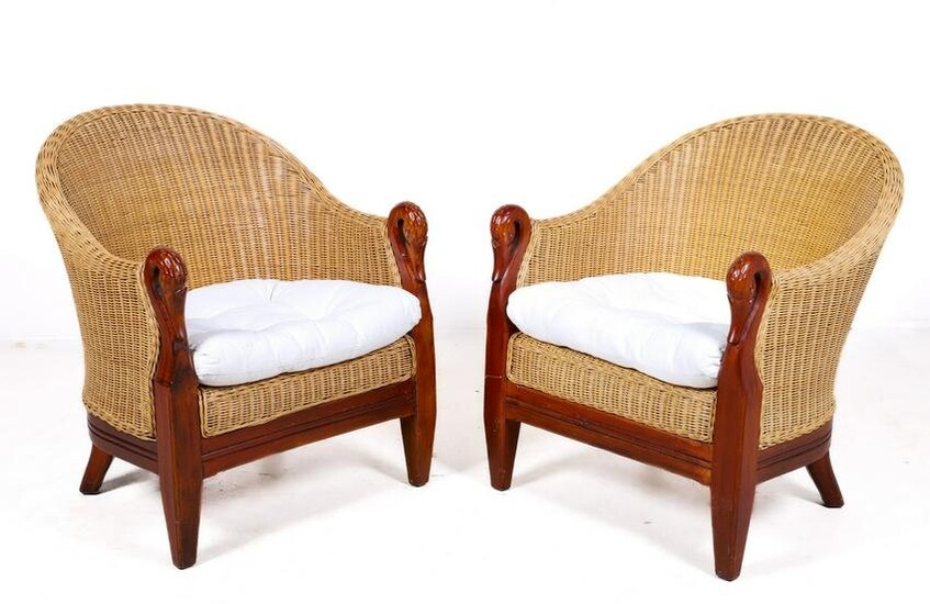 Pair Wicker and carved swan lounge chairs