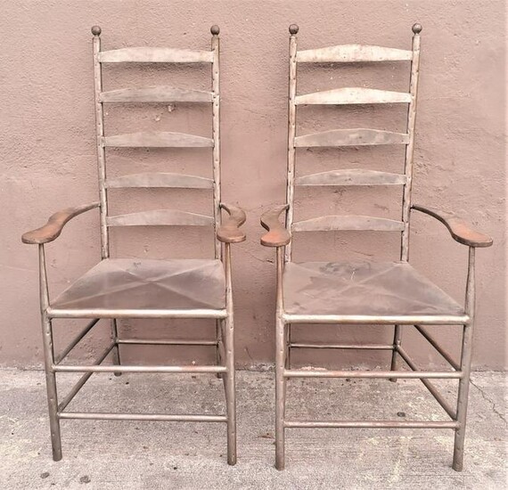 Pair of 80s Industrial Ladder Back Metal Arm Chairs