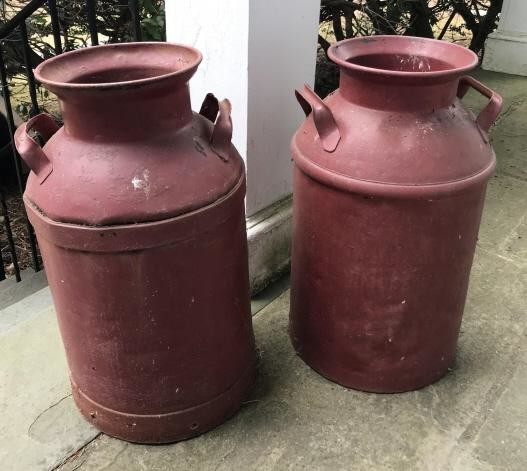 Pair of Antique 19th C Red Painted Metal Milk Cans