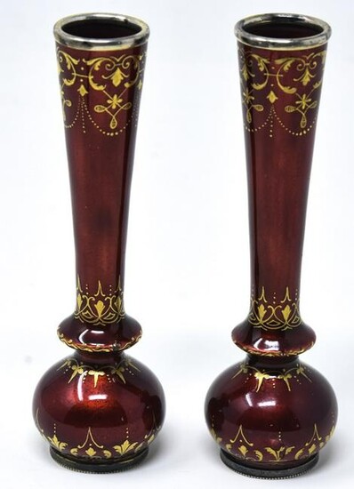 Pair of Antique Vienna Silver & Enamel Bud Vases